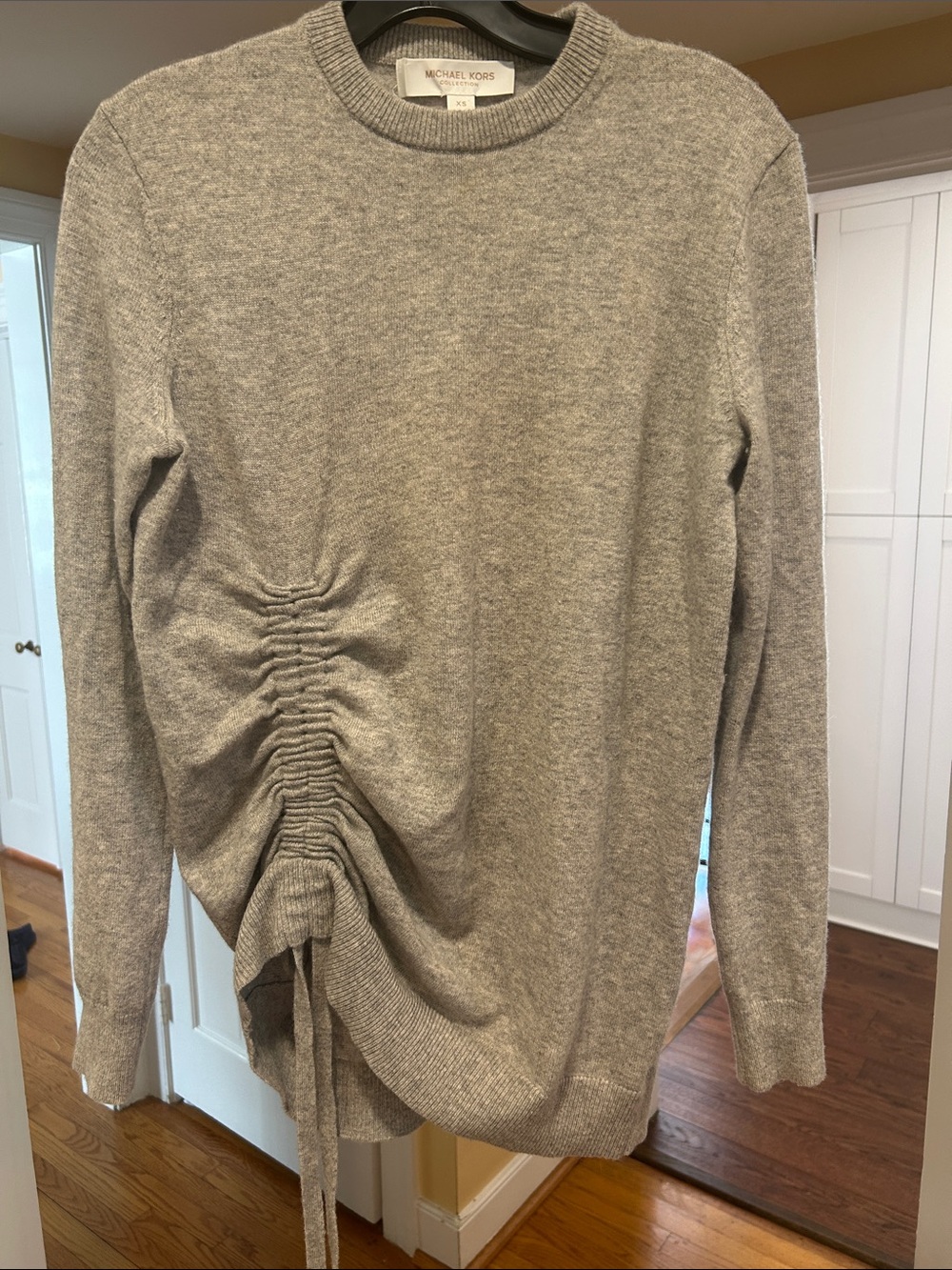 Michael Kors Heather Gray Ruched Side Tie Crewneck Sweater